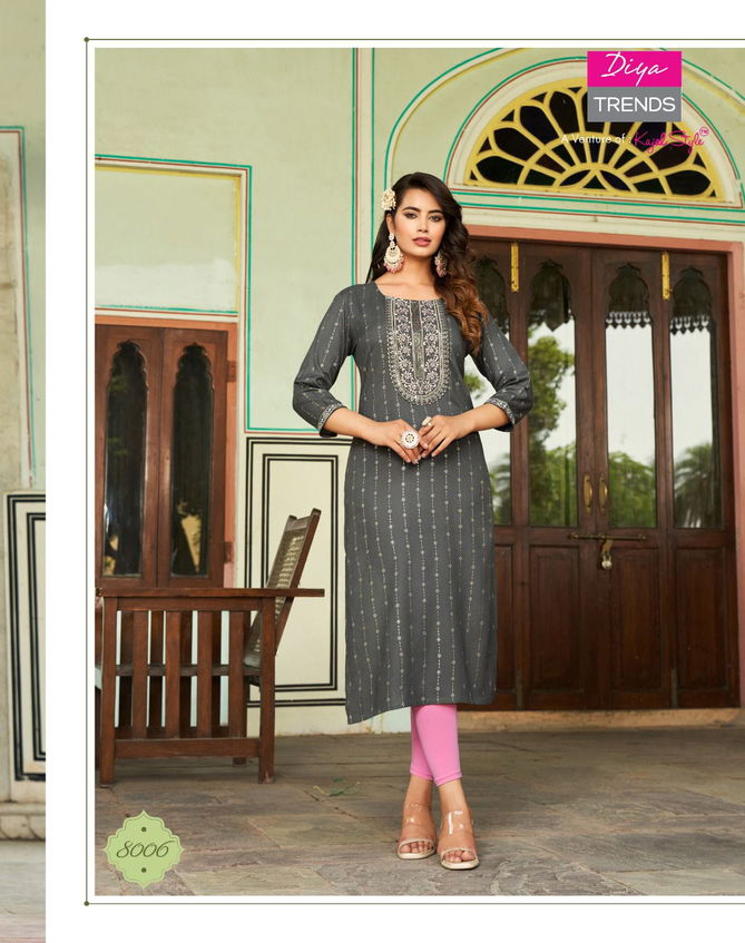 Victoria Vol 8 By Diya Rayon Foil Printed Kurtis Catalog